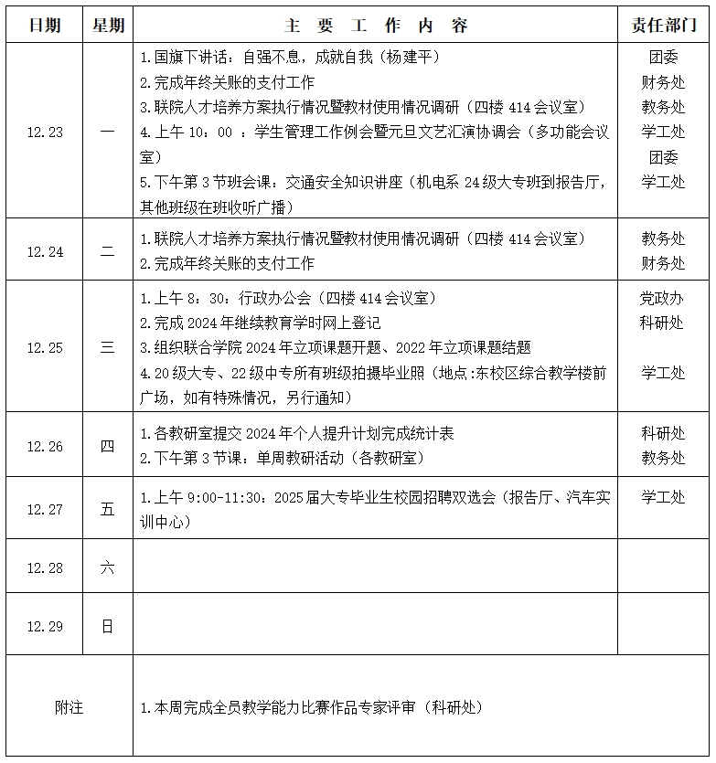 2024/2025学年第一学期第十七周工作安排表